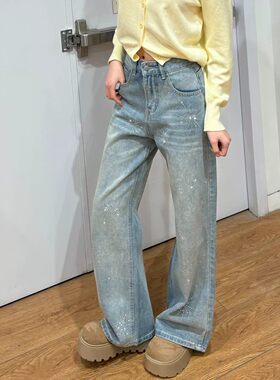 烫花烫钻阔腿直筒时尚牛仔裤女2026夏季新款高腰显瘦小个子拖地裤