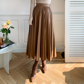 皮革百褶裙咖色半身裙女春秋季 高腰伞裙复古a字长裙子秋冬 中长款