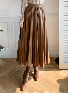 皮革百褶裙咖色半身裙女春秋季中长款高腰伞裙复古a字长裙子秋冬
