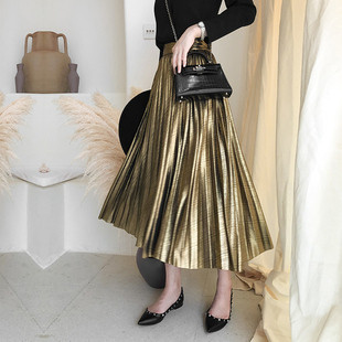 春 chic金属色高腰a字裙百褶裙2025新款 大摆半身裙女港味新款 韩版