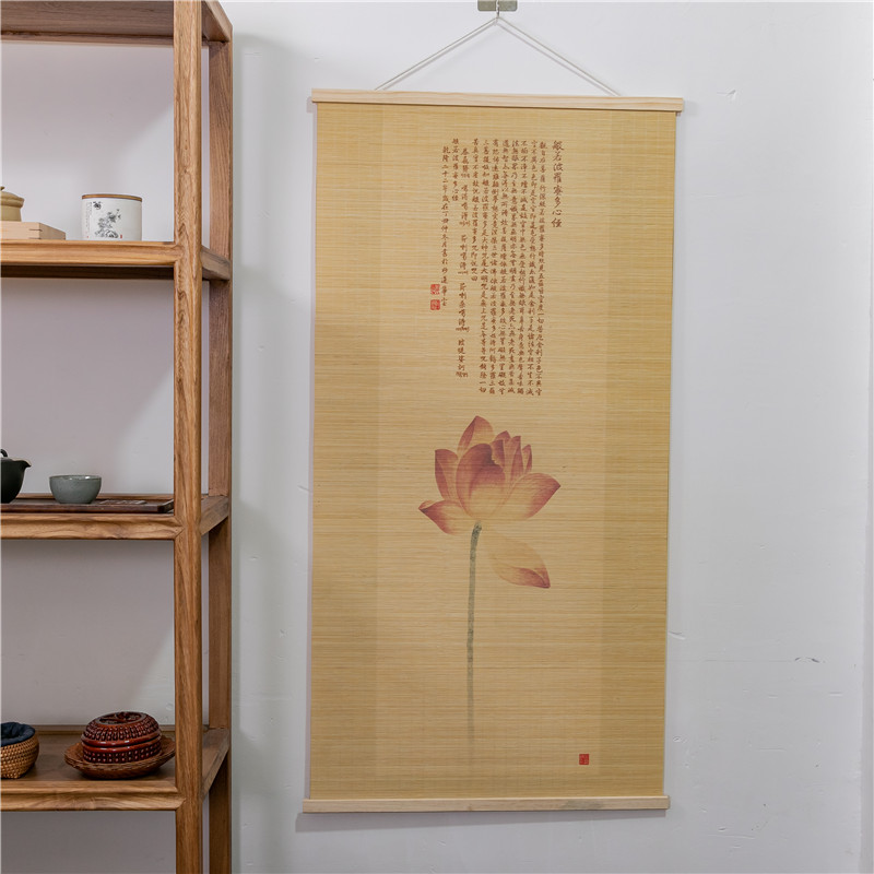 禅意竹丝装饰画荷花墙画可定制尺寸新中式挂画茶室装修茶道配心经图片