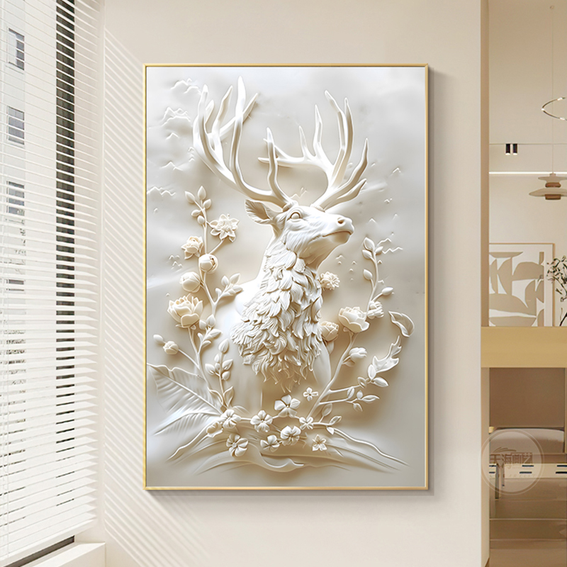奶油风入户玄关装饰画浮雕立体感高级肌理画麋鹿客厅走廊过道挂画图片