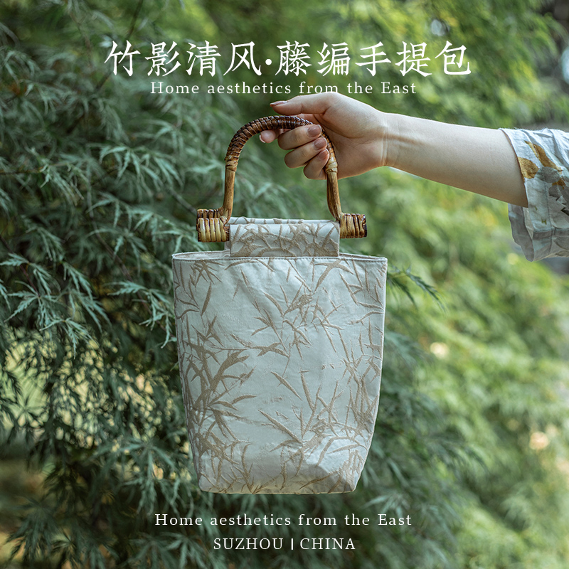 彩衣堂新中式国风禅意布艺竹节手提包藤编提手拎包布袋单肩包女AC