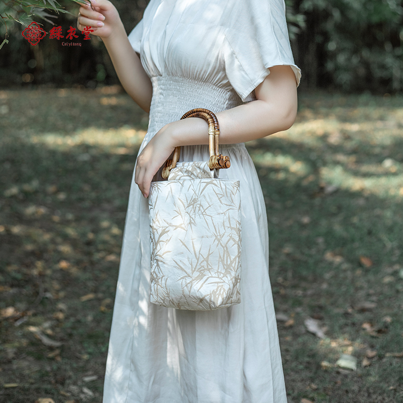 彩衣堂新中式国风禅意布艺竹节手提包藤编提手拎包布袋单肩包女AC