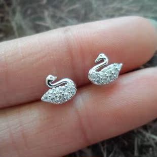 手工银 曼谷银 镀白金白晶满钻天鹅好运耳钉0.7cm 925纯银 泰银