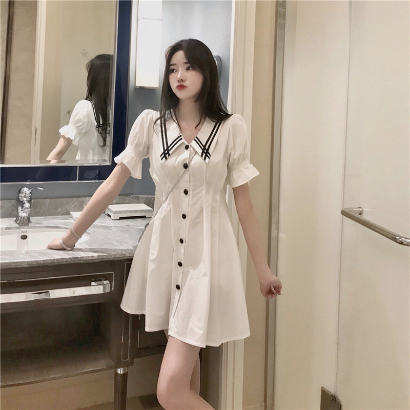 Real price striped slim lace sleeve V-neck dress Navy collar slim A-line skirt