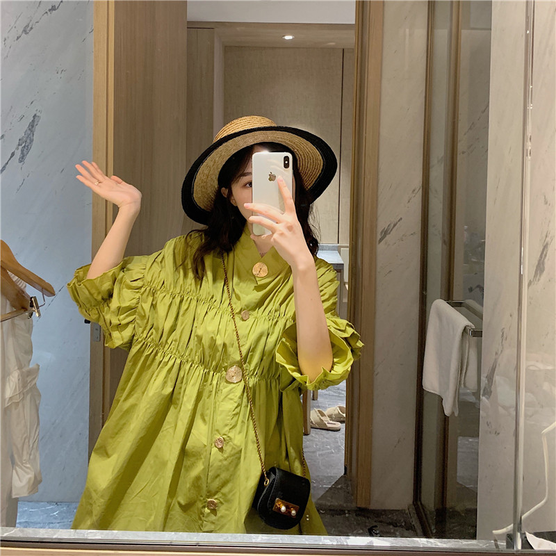 Matching payment real price Hong Kong style retro wrinkle medium length shirt skirt top temperament medium sleeve dress