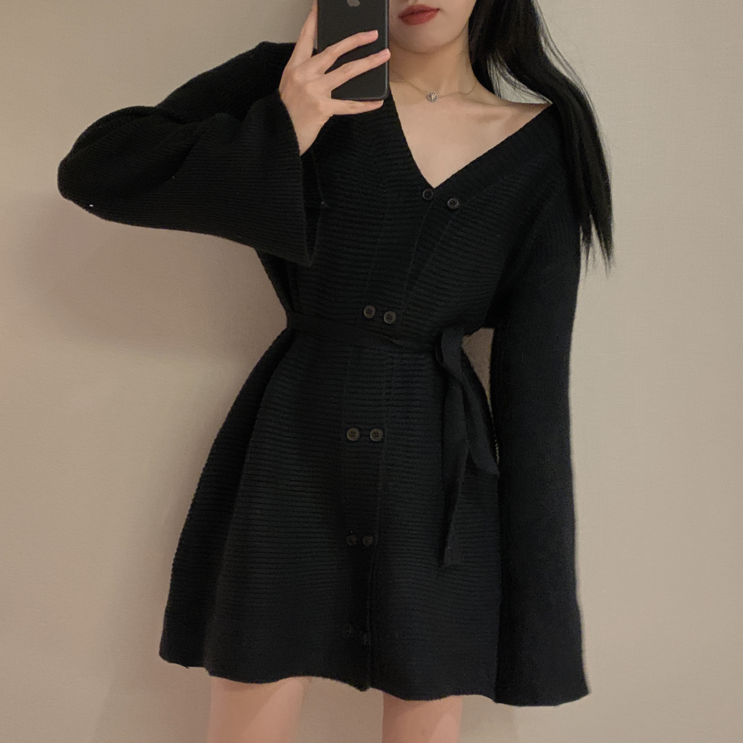 Real shot real price ~ thickened Slouchy style loose middle and long waisted sweater sweater dress with belt for women