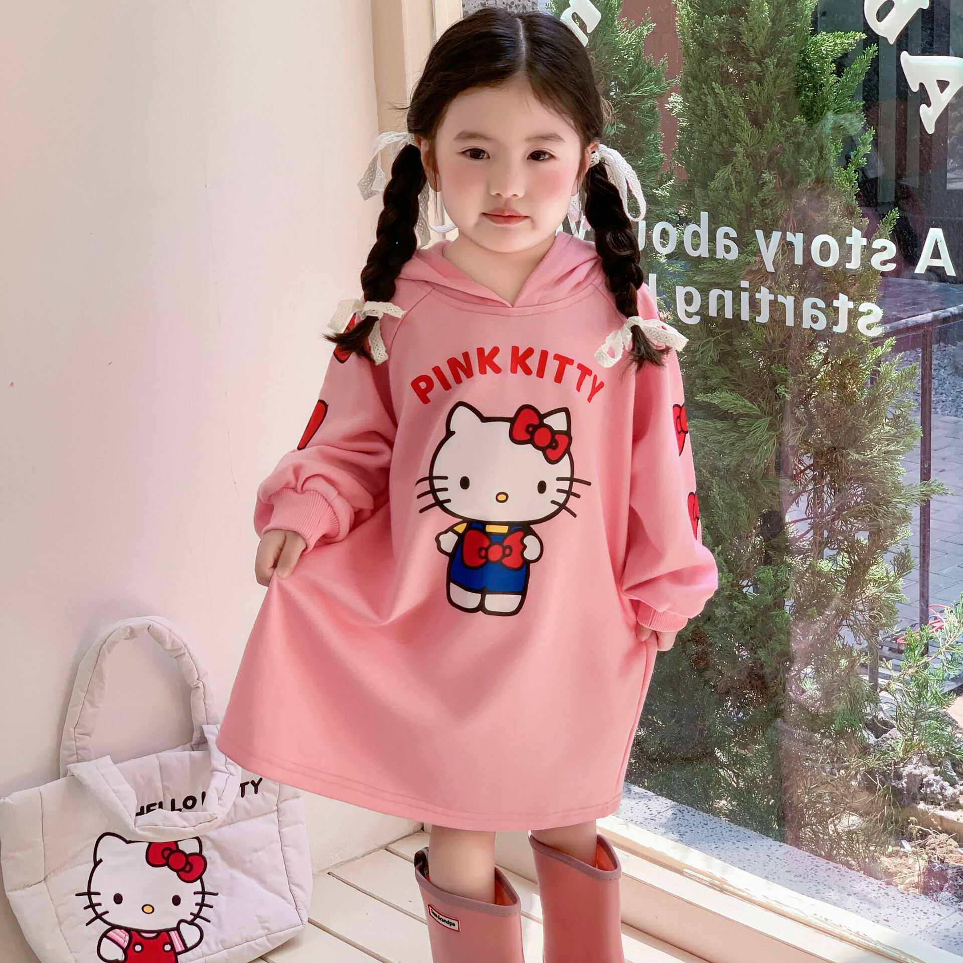 女童粉色HelloKitty长款卫衣凯蒂猫卡通上衣kitty猫KT连帽卫衣裙