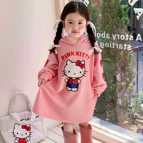 女童粉色HelloKitty长款连帽卫衣