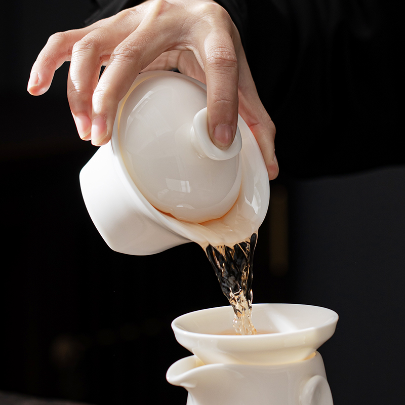 德化白瓷三才盖碗茶杯单个茶碗带盖泡茶杯大号防烫厚胎乳玉瓷