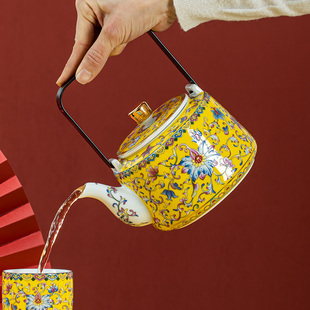 德化中式珐琅彩瓷泡茶壶宫廷风陶瓷提梁壶大号红茶泡茶器茶壶单壶