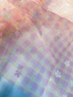 春夏新品清新粉黄格子细植绒复古薄纱女装连衣裙裙子面料雪纺布料