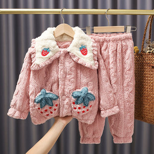 秋冬季粉色睡衣小孩女童珊瑚绒睡衣 长毛法兰绒儿童家居服套装