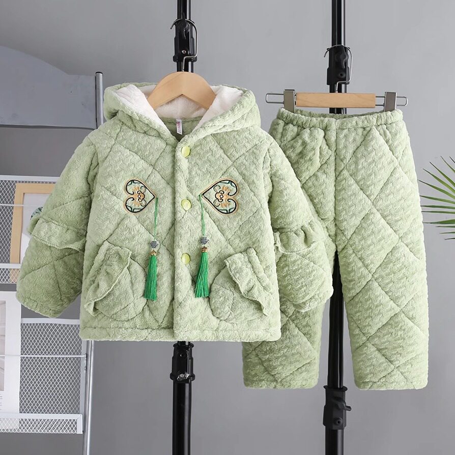 2024新中国风女童三层夹棉睡衣 牛奶绒冬加厚加绒儿童家居服套装