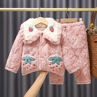 小孩女童珊瑚绒睡衣 新品 加厚加绒法兰绒儿童家居服三层夹棉款 冬季