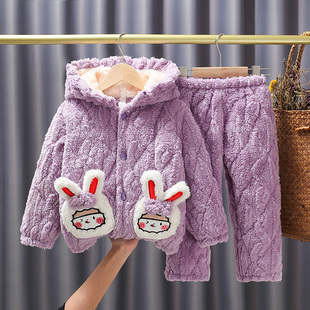 特价 夹棉家居服男童女童小童三层加厚睡衣套装