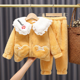 秋冬季长毛法兰绒宝宝女童睡衣 亲子母女装女孩珊瑚绒儿童家居服