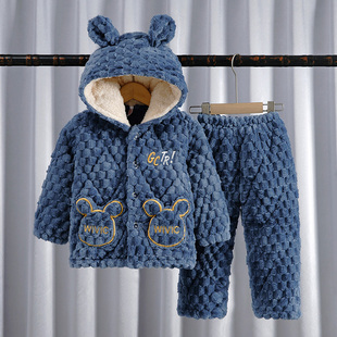 新款冬季珊瑚绒男孩儿童夹棉睡衣中小童法兰绒加厚加绒戴帽家居服