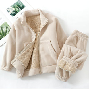 儿童秋冬加绒加厚睡衣套装奥粒绒加厚家居服套装男童女童亲子套装