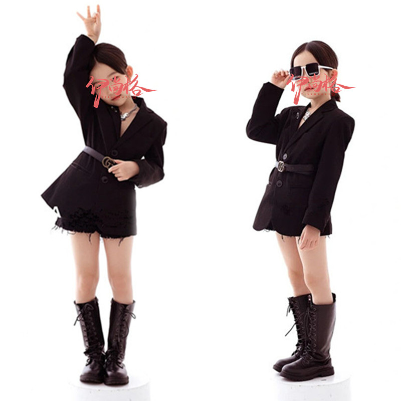 女童黑色加长西装裙少儿模特T台走秀儿童演出服舞台大赛主持人飒