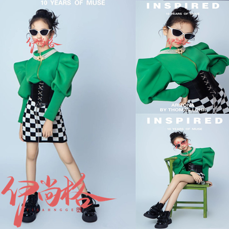 女童绿色多巴胺潮童舞台走秀儿童演出服少儿模特大赛T台比赛服装