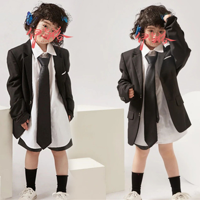 黑色女童西装舞台走秀大赛儿童演出服少儿模特T台比赛主持人礼服