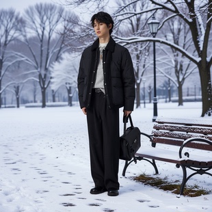 外套男加厚 假两件工装 w2x设计感90白鸭绒羽绒服冬季 仿羊羔毛冬装