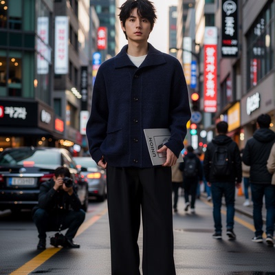 w2x百搭羊毛呢针织开衫秋冬季新款男款外套加厚款男士毛衣冬装男