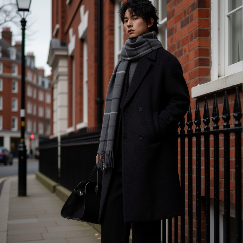 w2x冬季新款双面羊毛呢大衣潮牌男士加厚冬装风衣中长款外套男装