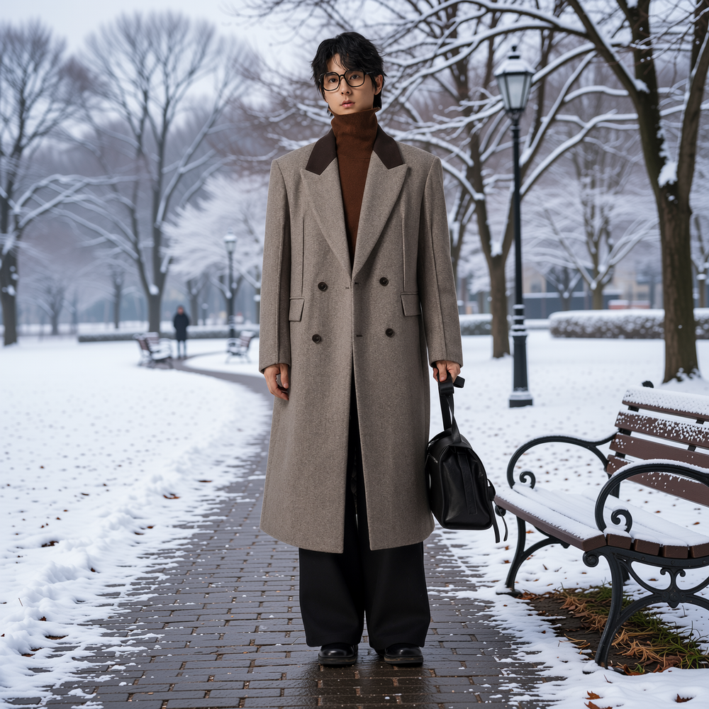 w2x撞色新款毛呢外套男士秋冬季西装男加厚风衣中长款双面呢大衣