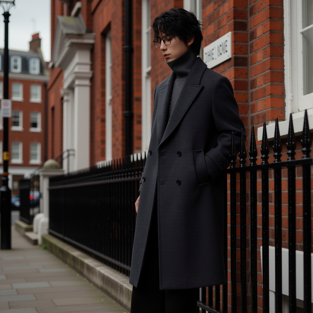 w2x复古羊毛呢大衣男士西装秋冬季风衣男加厚过膝双面呢外套保暖