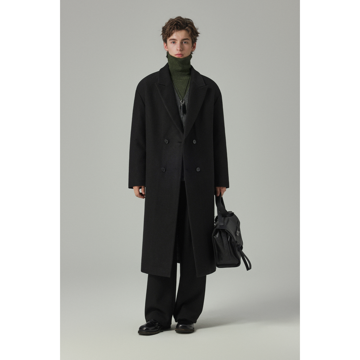 w2x高级感落肩毛呢子大衣冬季新款男士外套加厚中长款风衣冬装男