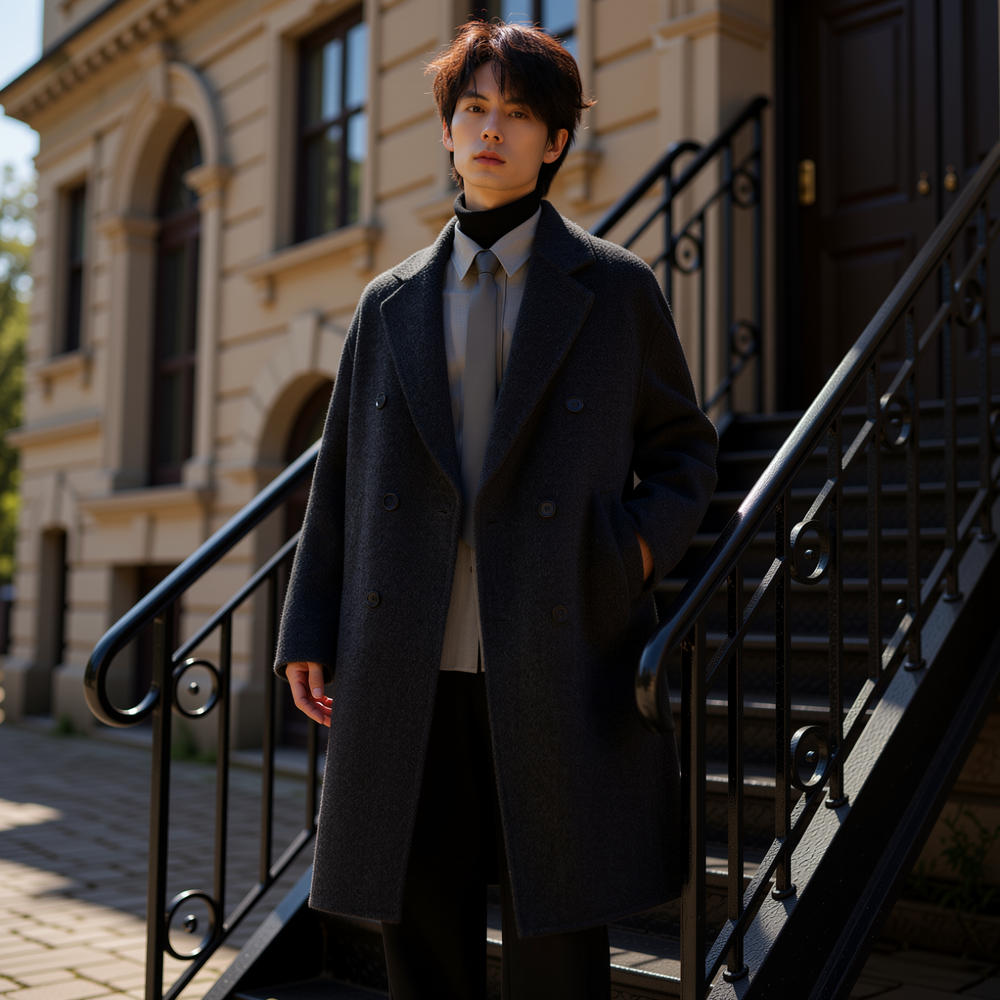 w2x秋冬季全羊毛呢外套气质男士风衣中长款男装加厚双面呢大衣男