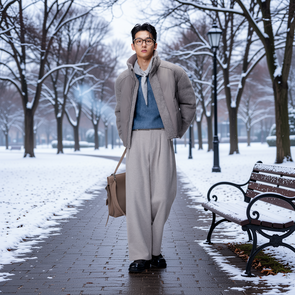 w2x冬季鸭绒羽绒服短款夹克工装加厚面包服外套男装羊毛拼接冬装