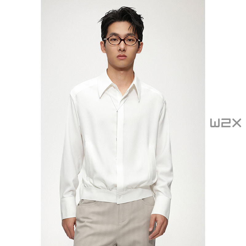 短款暗门襟收下摆长袖衬衫男