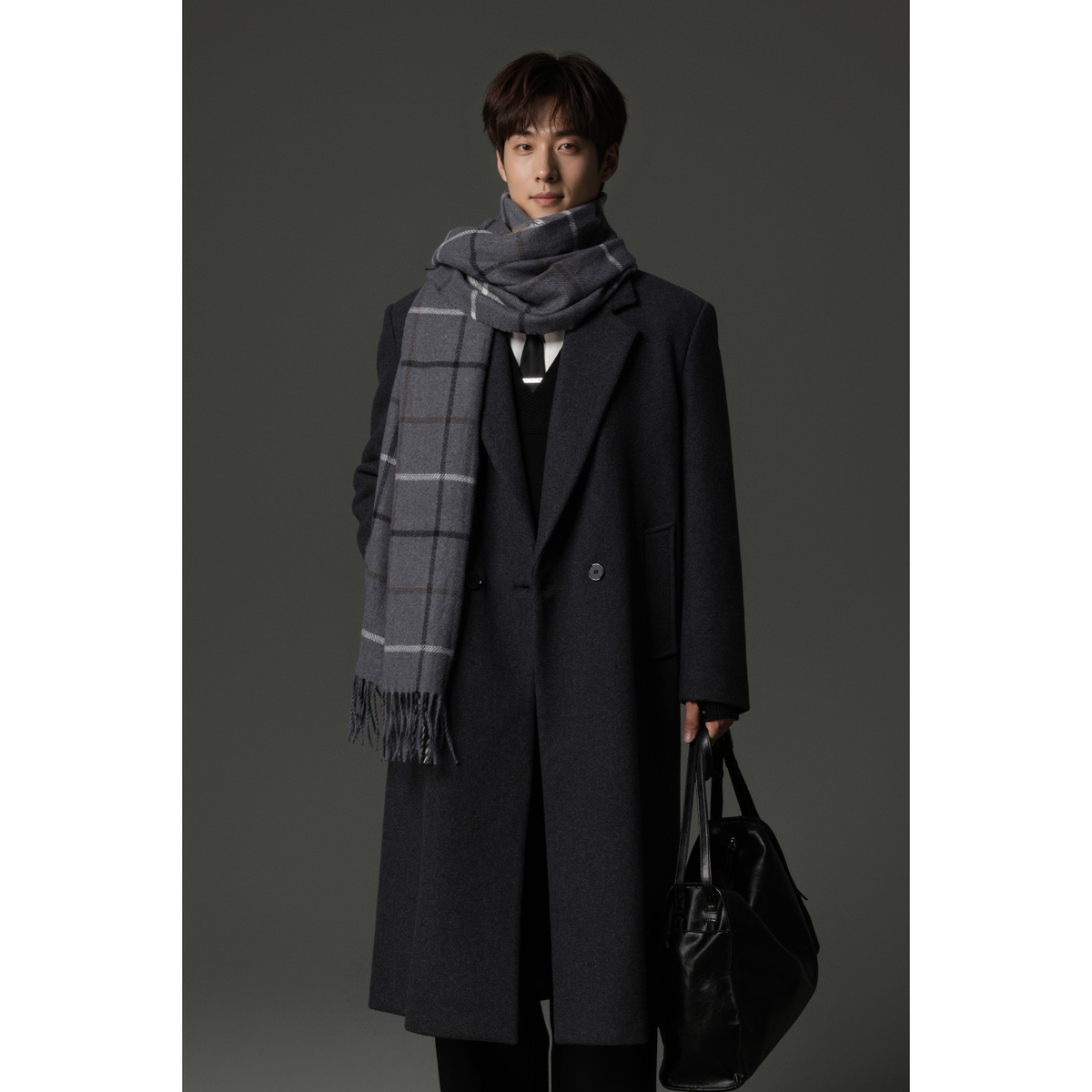 w2x2025新款男士加厚大衣中长款羊毛风衣外套 英伦风双面呢子高端