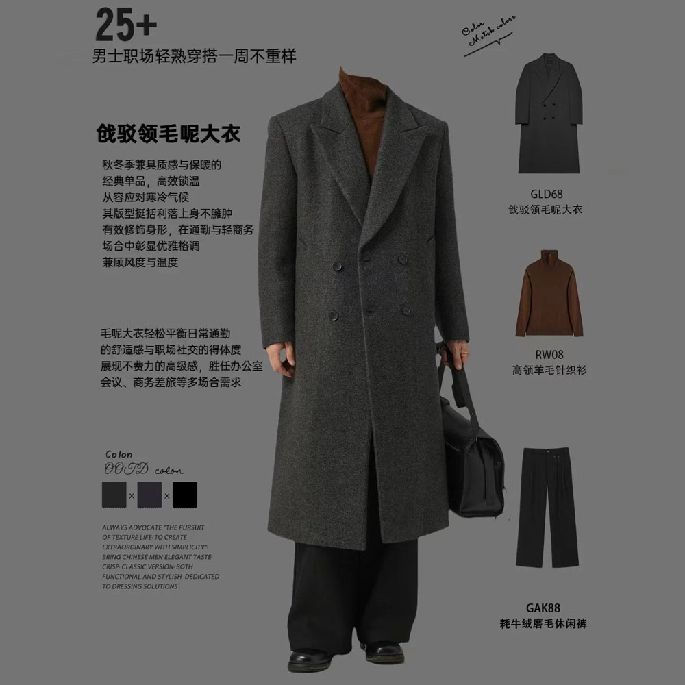 w2x时尚保暖毛呢大衣秋冬季加厚中长款风衣男冬装西装外套双面呢