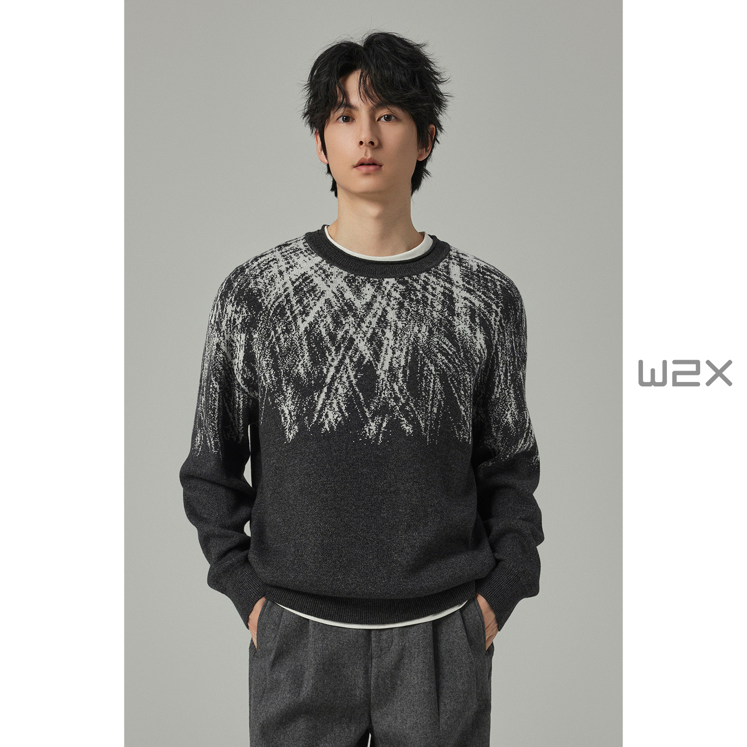 W2X渐变经典圆领拼色针织衫男士内搭外穿休闲毛衣男士加厚冬季款