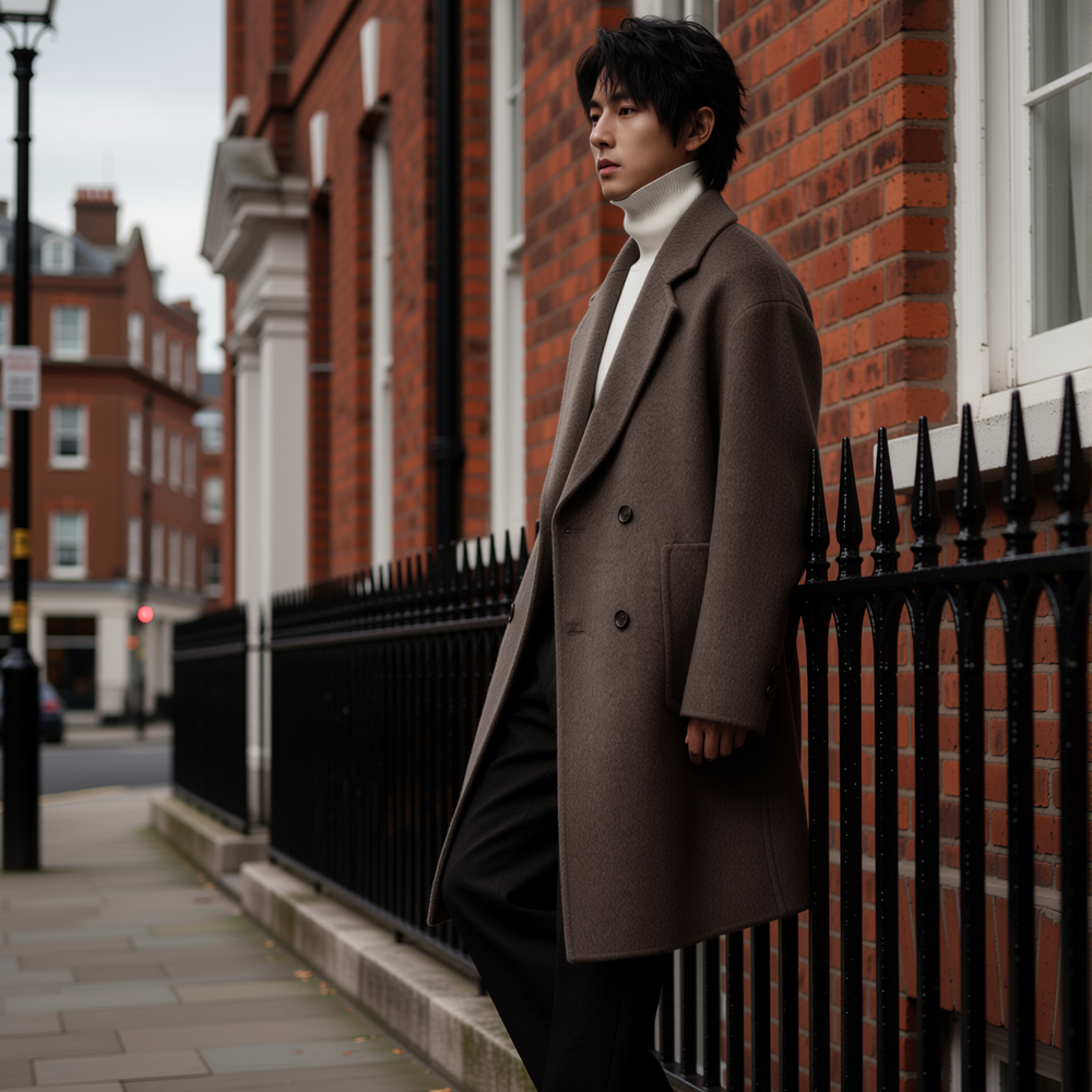 w2x冬季100%全羊毛大衣外套双面呢男士加厚款风衣中长款男装保暖