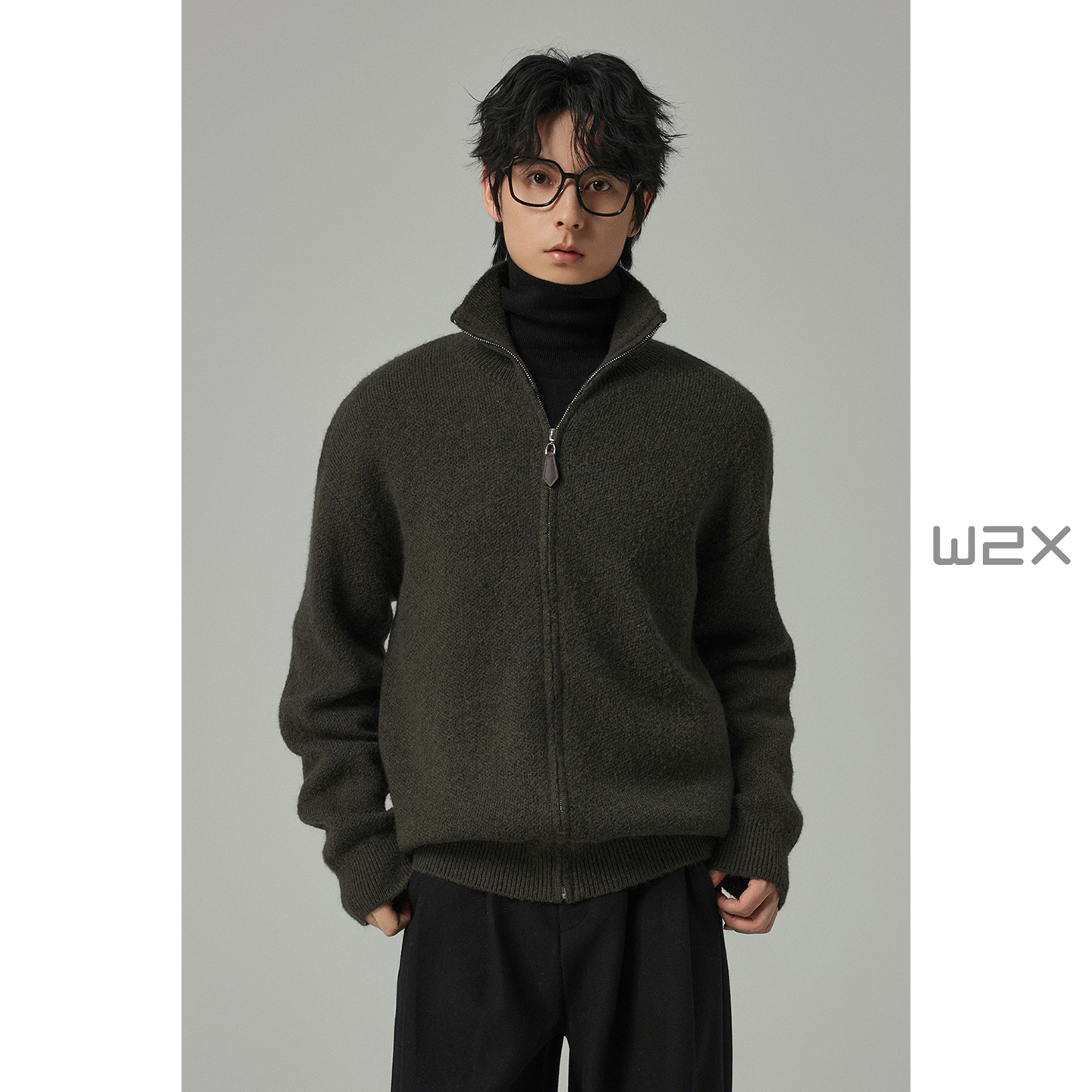 立领马海毛羊毛针织开衫男