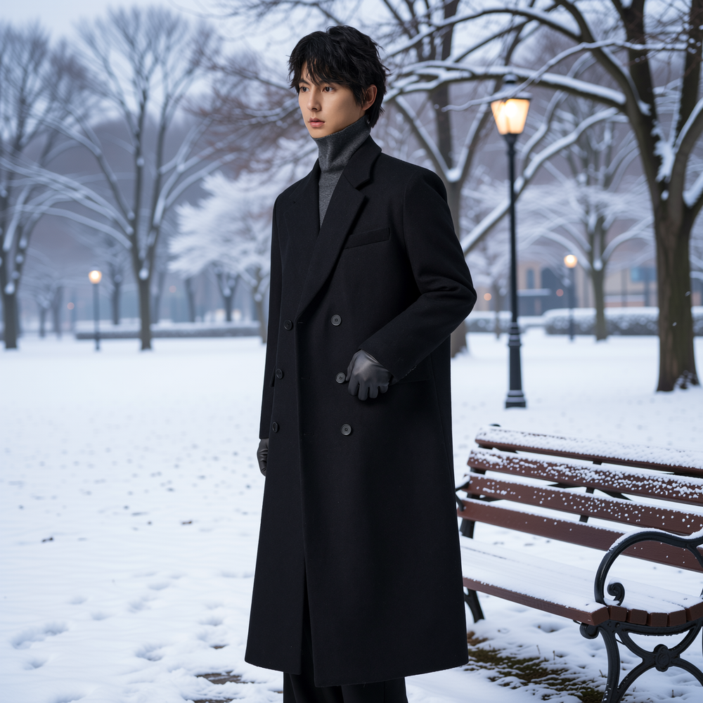 w2x韩版秋冬季双面羊毛呢大衣男士加厚西装风衣中长款冬装外套男