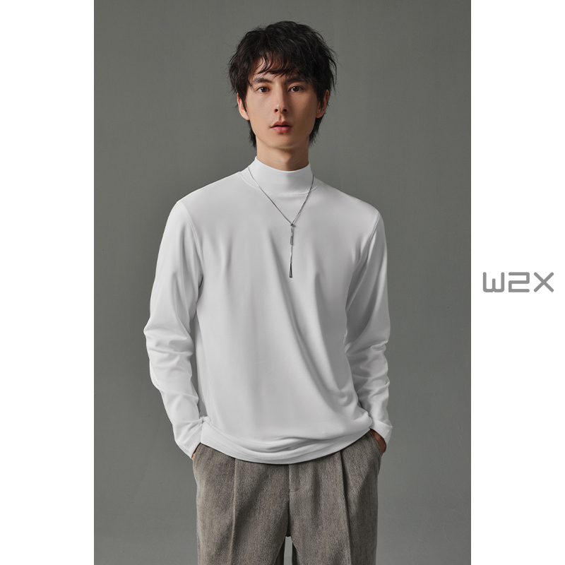 双面碳素磨绒设计中领长袖T恤男