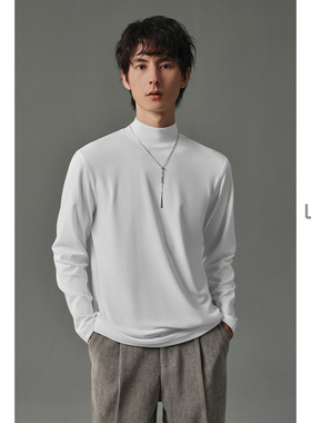 w2x2024秋季双面碳素磨绒设计中领长袖T恤男纯色半高领打底衫潮