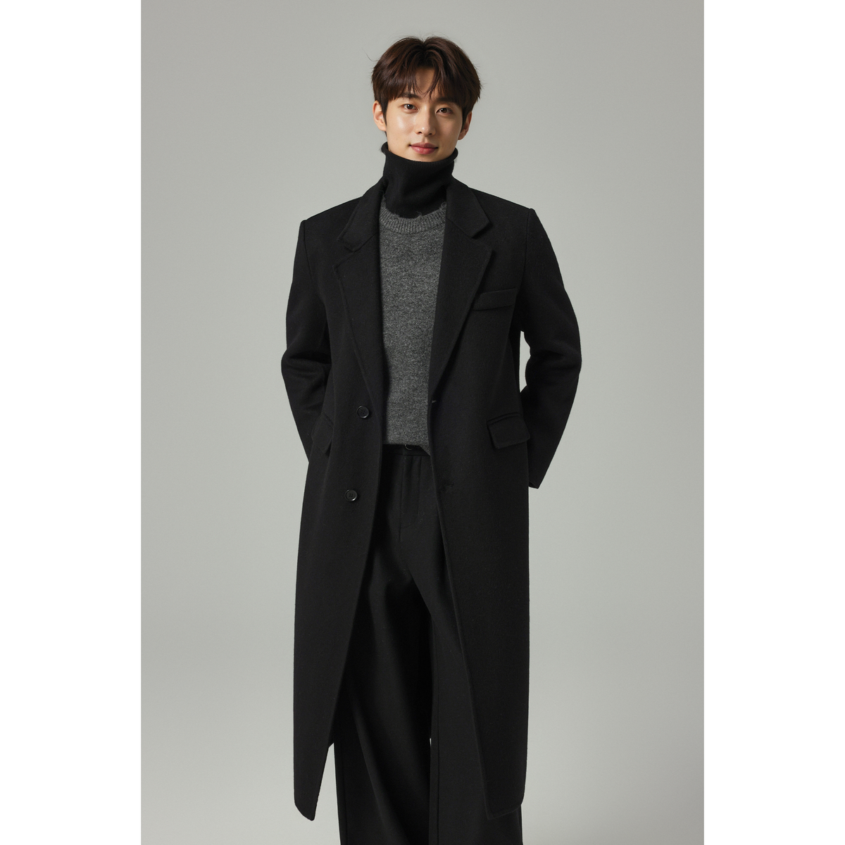 w2x极简风双面羊毛呢大衣冬季新款男装长款宽松百搭外套过膝风衣