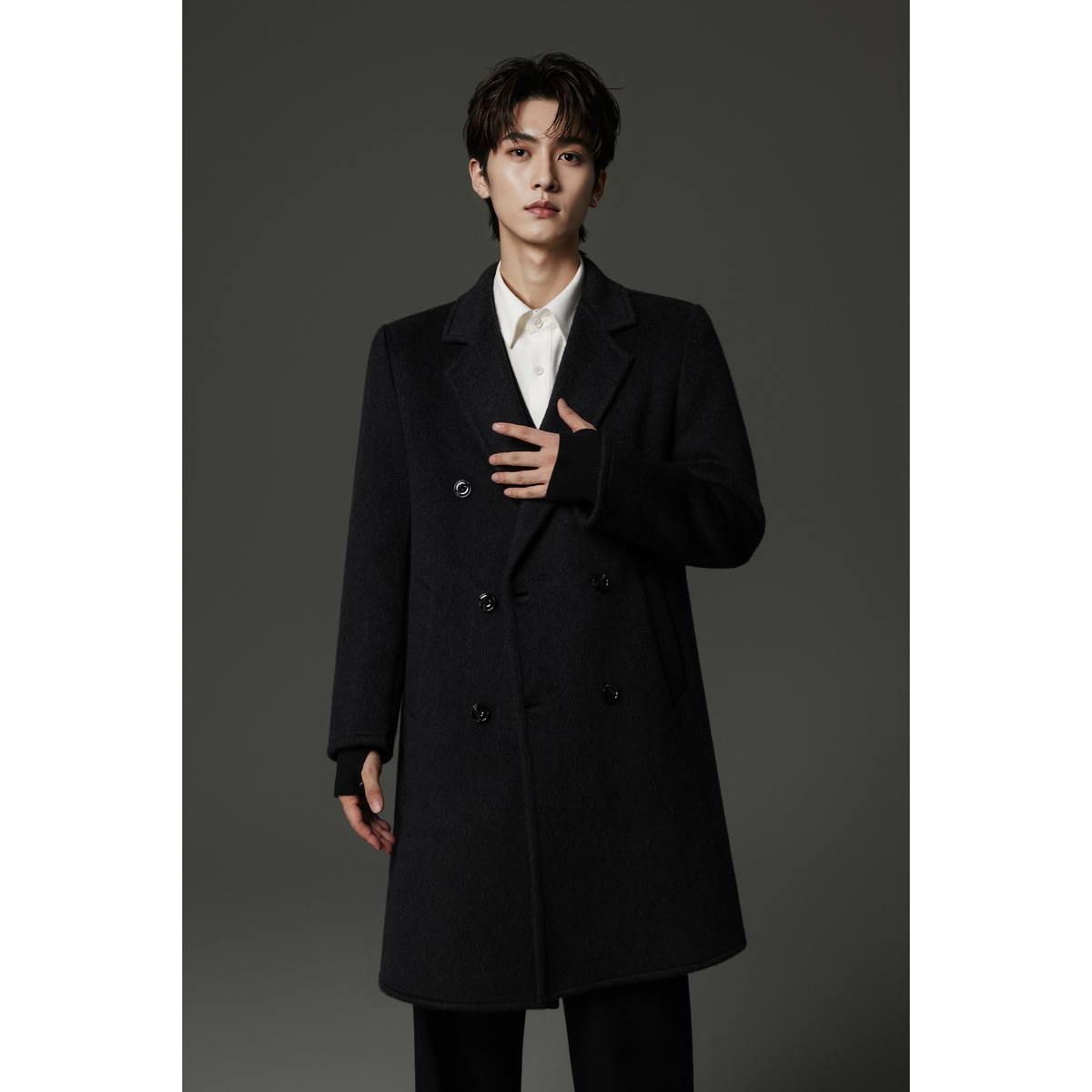 w2x羊毛双面呢大衣秋冬季新款男装双排扣风衣中长款男士外套高端