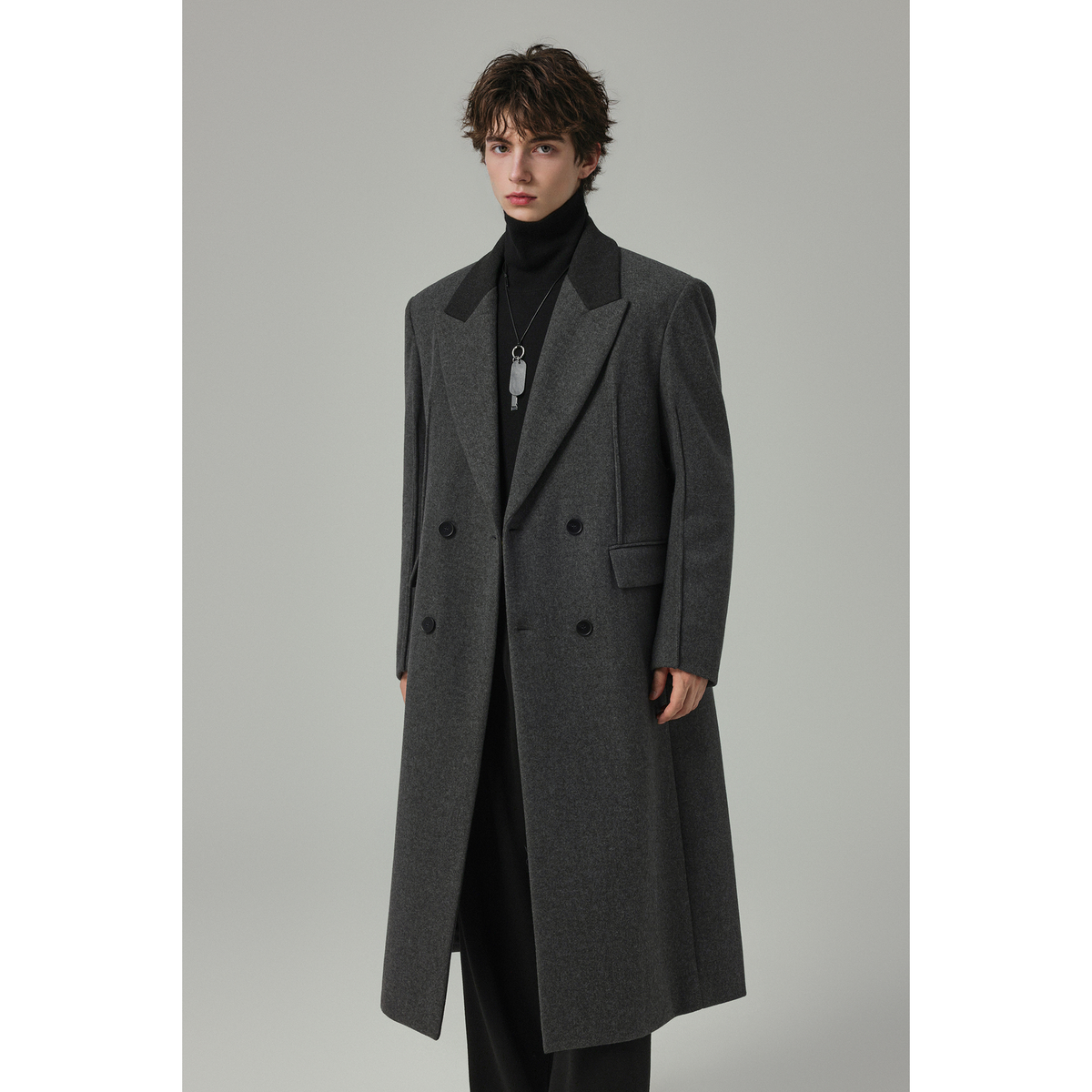 w2x纯色百搭冬季男士毛呢大衣外套加厚风衣过膝男装高级感西装男