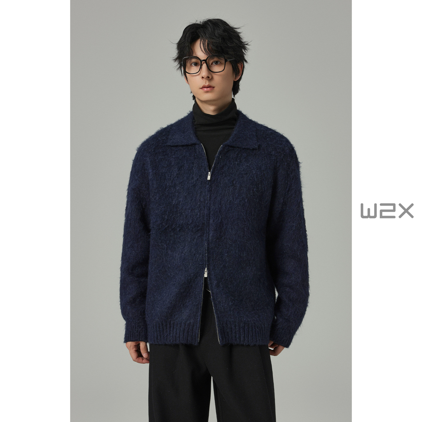 14支仿牛绒双开拉链针织开衫男