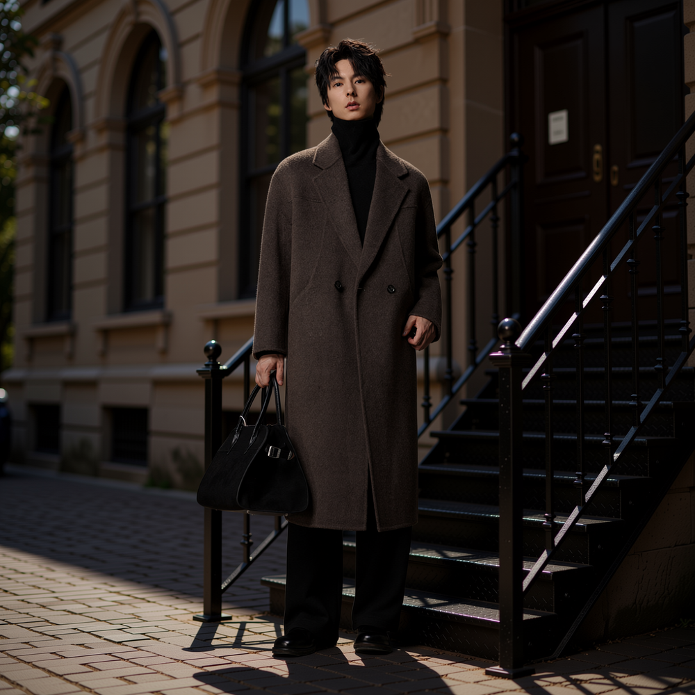 w2x秋冬季双面羊毛呢大衣老钱新款加厚中长款外套西装领风衣保暖