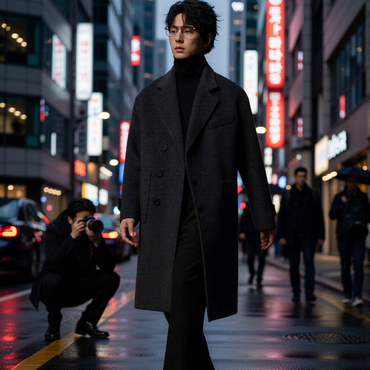 w2x羊毛呢外套冬季男士西装中长款加厚风衣英伦风双面呢大衣冬装